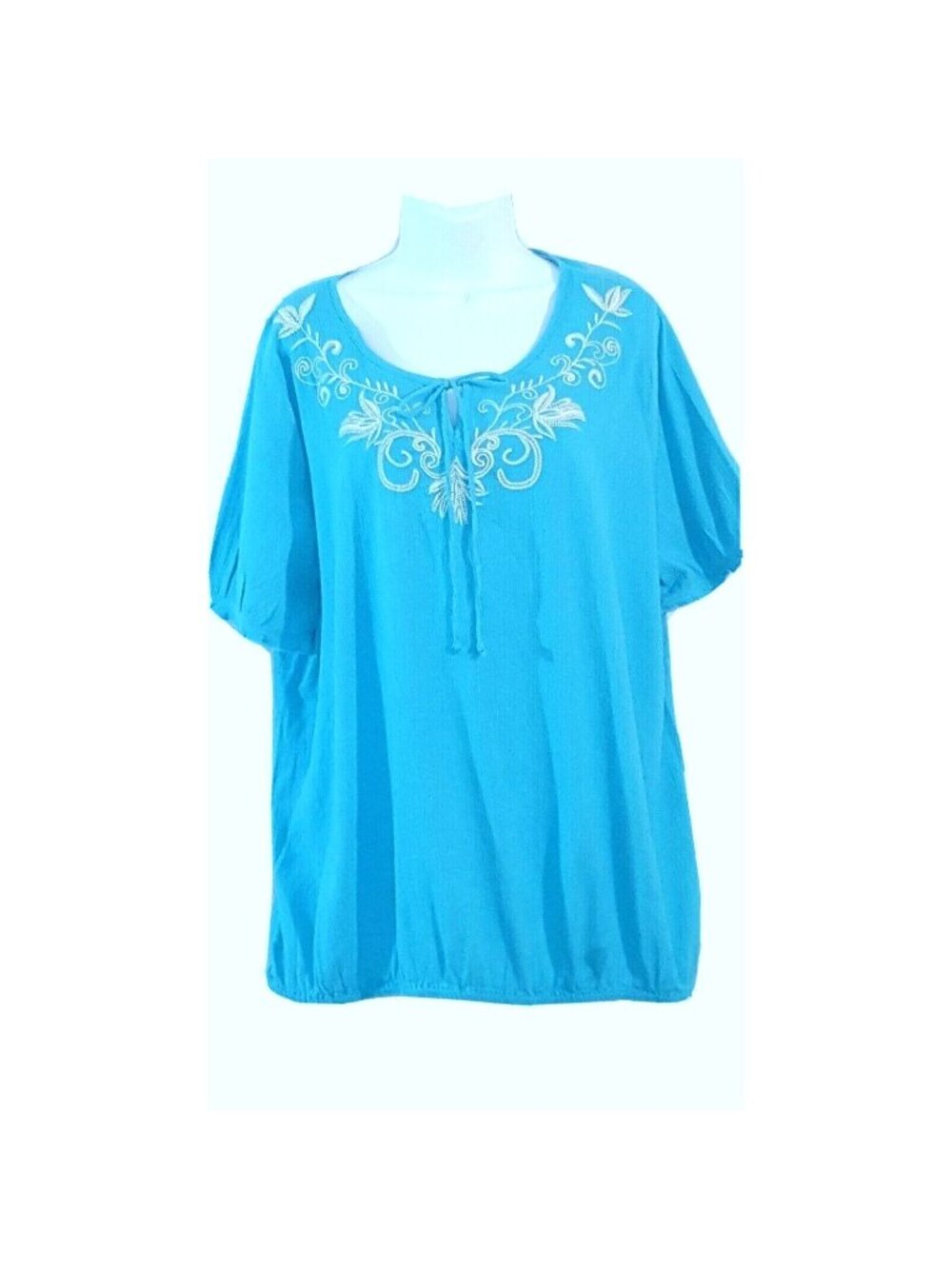 Lane Bryant Peasant Top 18/20 Blue Embroidered Crinkle Cotton Boho Short Sleeve